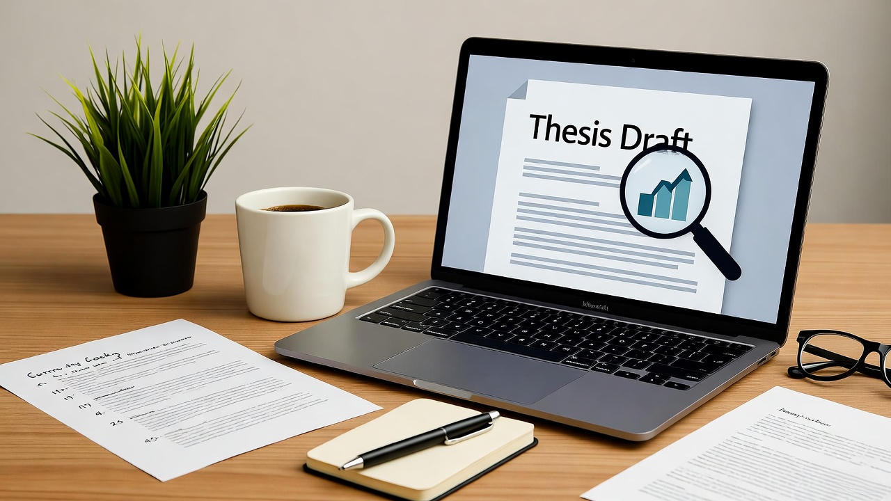 Workspace setup with a laptop displaying a document titled “Thesis Draft” and a magnifying glass icon over a growth chart, surrounded by research papers, a notebook with a pen, a white coffee mug, eyeglasses, and a potted plant on a wooden desk, representing academic writing, research analysis, and productivity.